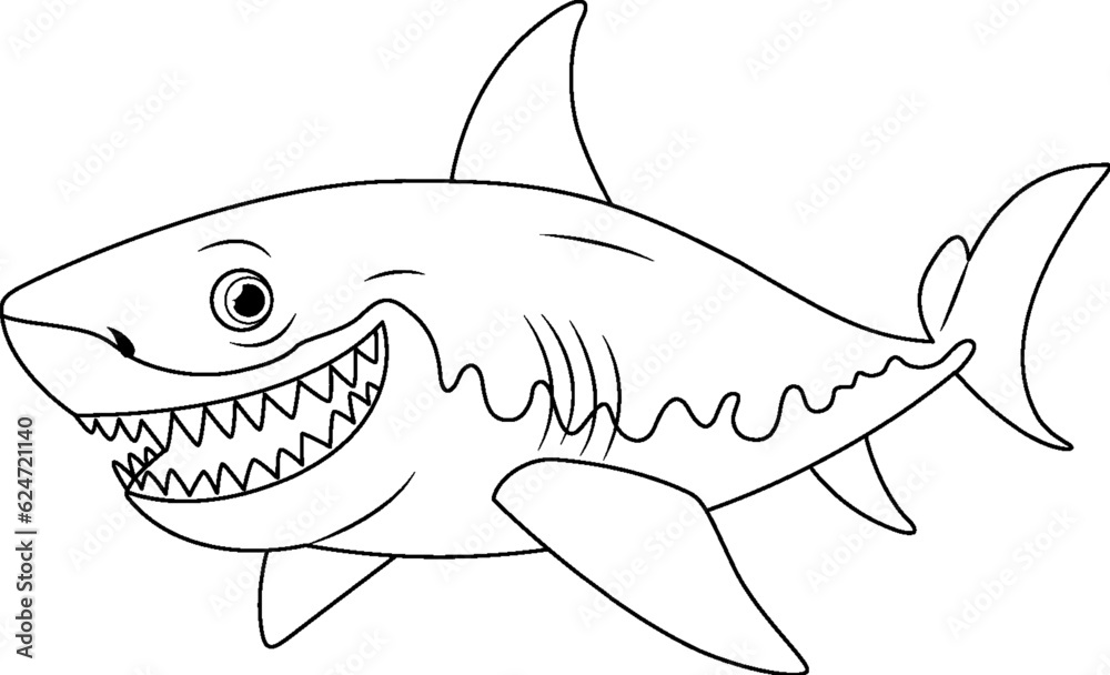 Fototapeta premium A cartoon illustration of a great white shark with big teeth smiling and swimming, isolated on a white background