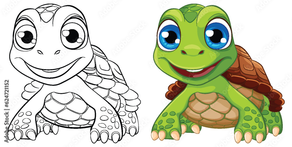 Fototapeta premium A cartoon illustration of a cute turtle with a big smile on its face