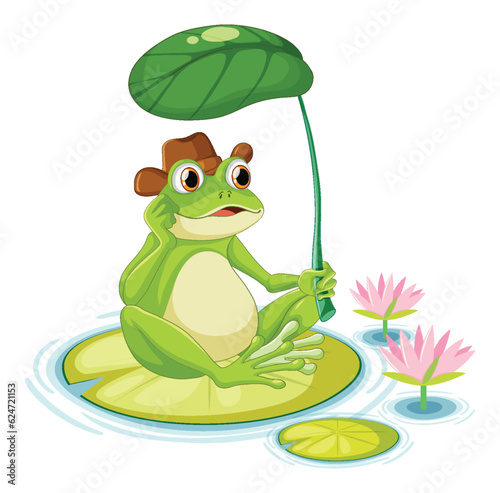 Green Frog Cartoon Character Holding Leaf Umbrella