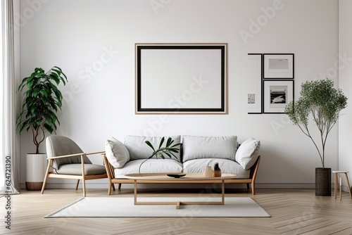 Picture frame with a blank white background on the wall of a contemporary living room with a sofa and furniture. Generative AI
