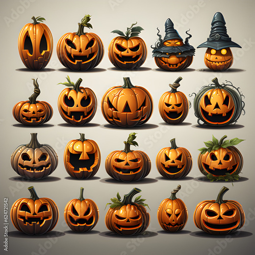 Halloween pumpkin icons set. Vintage funny pumpkins isolated on white background. Monsters faces. Vector illustration 