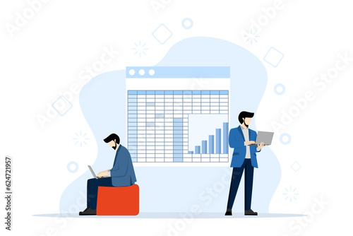 Spreadsheet illustration concept. using spreadsheets for office work, applications for the office. for landing pages, UI, web, Apps, editorial, flyers and banners. vector illustration.
