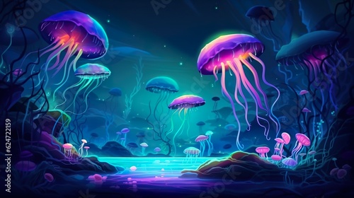 Abstract background ocean monsters. Captivating illustration capturing the mysterious beauty of jellyfish, set against an abstract ocean background. Generative AI.