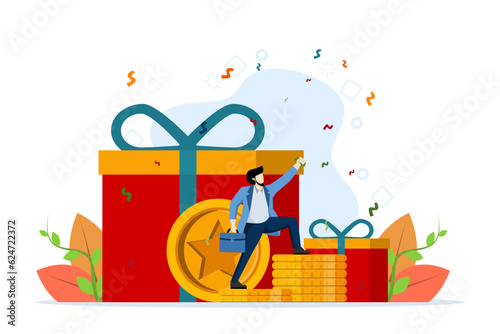 Concept of discount and loyalty card, customer service, loyalty program, gift box, bonus or gift. man standing with money in his hands on coins. Vector illustration in flat design.