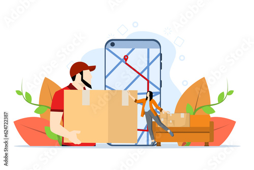 Moving Concept, Showing people moving to a new place, moving things to a new place, moving to a new house. Perfect for landing page, UI, web, app intro card and banner, Vector Illustration.