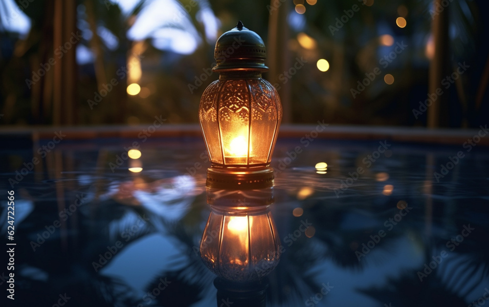 A luminous Ramadan glass lantern at night floating over a pool of water with a background of palm leaves
