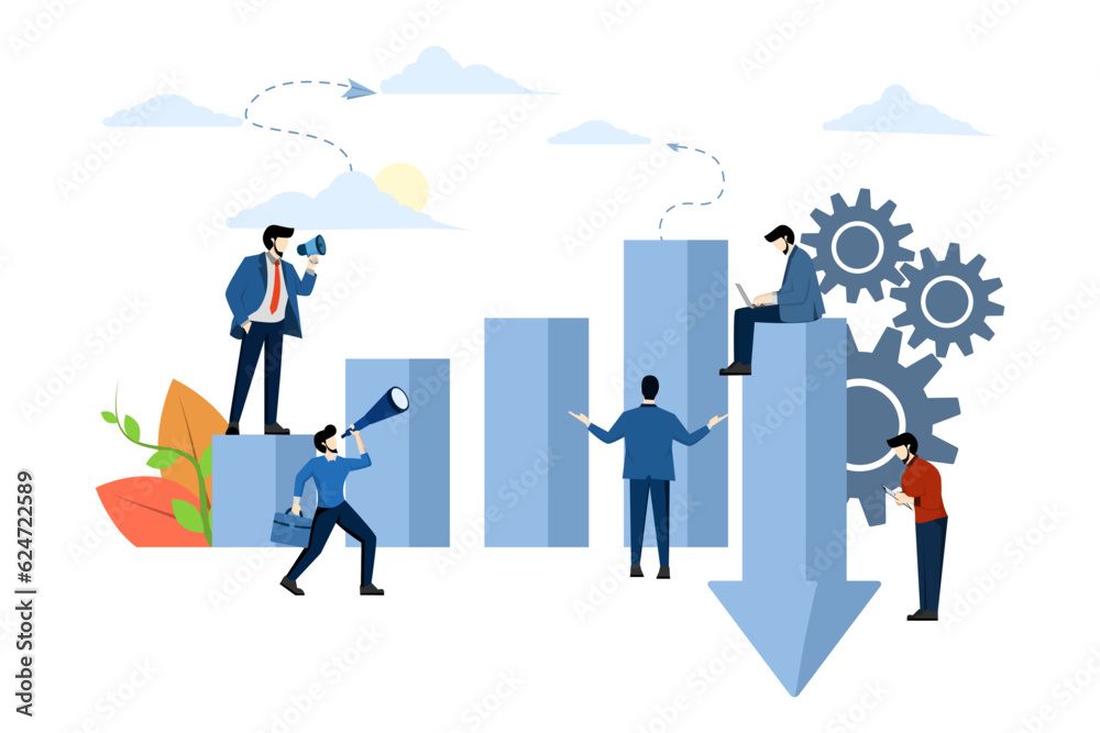 Investment management concept, companies engage in joint problem solving, sales decline, downward decline. company losses. descending graph. flat vector illustration on a white background.