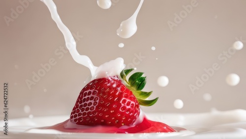 Strawberry falling into milk and splashing. Generative AI