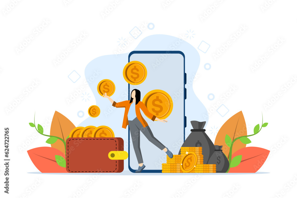 Online banking concept. woman withdraws her money from her bank account. Digital wallet, secure mobile payments, internet banking, financial transaction management. Flat vector illustration. Online banking concept. woman withdraws her money from her bank account. Digital wallet, secure mobile payments, internet banking, financial transaction management. Flat vector illustration.