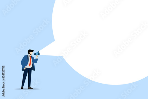 concept of announcing message. young man or businessman standing and communicating via megaphone. Talk to people. Promotion. Attention. Flat vector illustration on a white background.