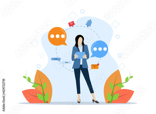 business woman standing and holding tablet, surfing social media, sending messages, chatting and getting notifications, several bubbles, location icon, flat vector illustration on a white background.
