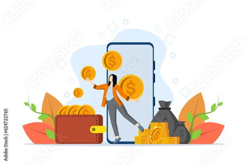 Online banking concept. woman withdraws her money from her bank account. Digital wallet, secure mobile payments, internet banking, financial transaction management. Flat vector illustration.