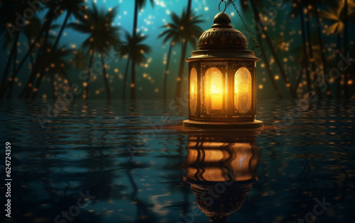 A luminous Ramadan glass lantern at night floating over a pool of water with a background of palm leaves © MUS_GRAPHIC