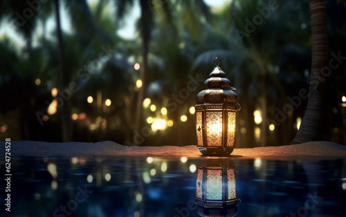 A luminous Ramadan glass lantern at night floating over a pool of water with a background of palm leaves