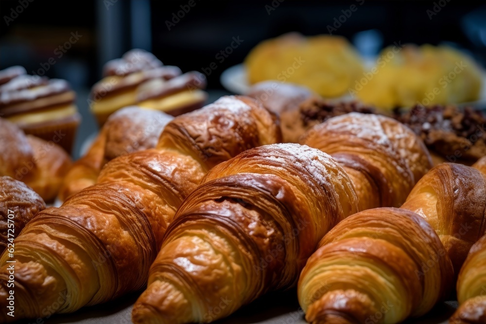 an assortment of croissants, including almond, chocolate, and plain, arranged on a bakery display an assortment of croissants, including almond, chocolate, and plain, arranged on a bakery display