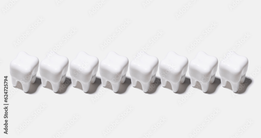 Line of white clen teeth on bright background. Concept of cleaning teeth and health care Line of white clen teeth on bright background. Concept of cleaning teeth and health care