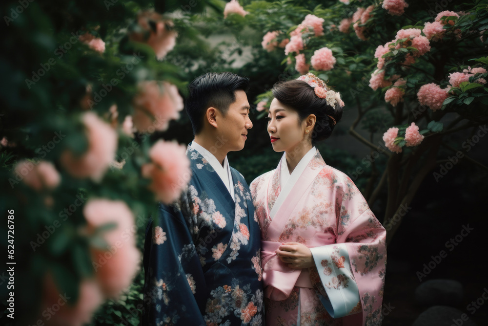 Japanese couple in traditional cloth standing under beautiful pink flowers. Generative AI Japanese couple in traditional cloth standing under beautiful pink flowers. Generative AI