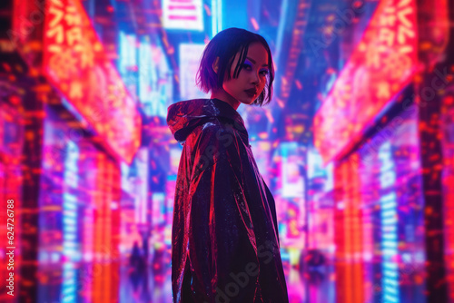 Woman posing in empty street filled with neon signs at night. Generative AI