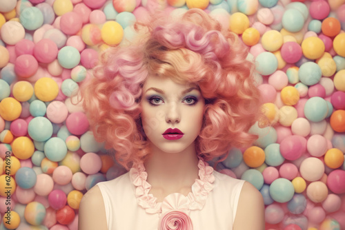 Beautiful young woman with pink hair over colorful candy balls background. Generative AI