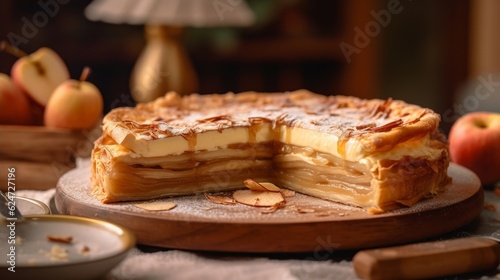 Tarte Normande with a slice removed, revealing the decadent layers of apple and custard