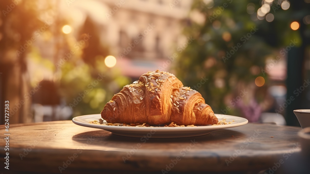 A freshly baked croissant on a table in a Parisian cafe