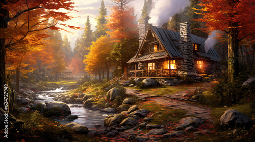 Enchanting Wilderness Retreat: Cozy Cabin Surrounded by Majestic Forest (Generative Ai)