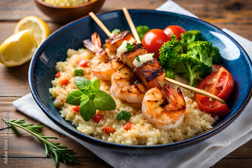  a coastal-inspired shrimp meal , succulent grilled shrimp skewers served on a bed of quinoa pilaf, accompanied by a fresh citrus salad and a tangy lemon garlic aioli   Generative AI © CreativeCaptures