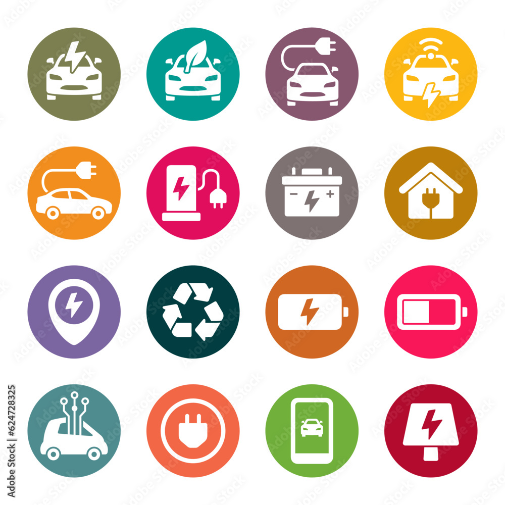 Electric cars flat vector icon set. Electro car charging and service icons.