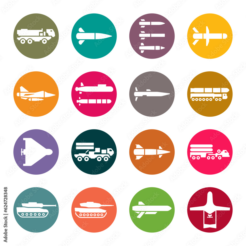 Modern armament flat vector icon set. Artillery, missiles, anti-aircraft systems icons. War weapons. Modern armament flat vector icon set. Artillery, missiles, anti-aircraft systems icons. War weapons.
