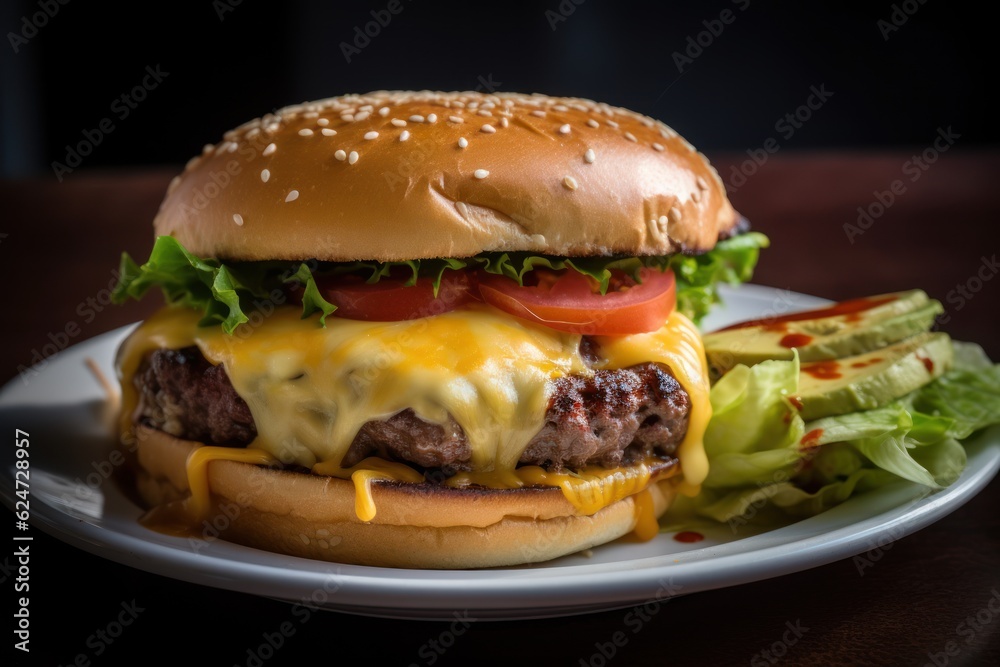 Fresh tasty burger on dark background. Generative AI Fresh tasty burger on dark background. Generative AI