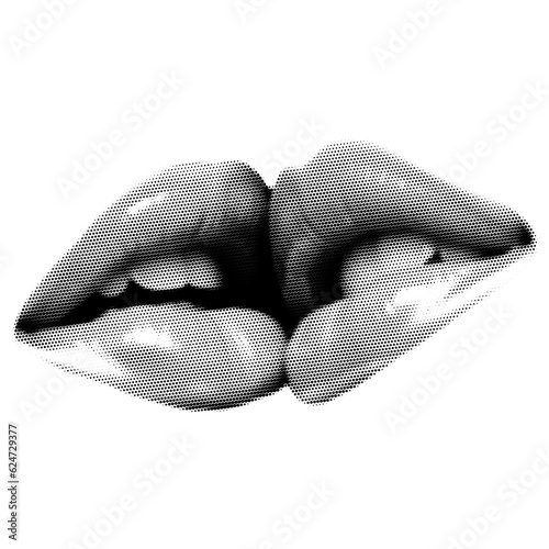 Woman kiss lips as retro halftone collage cutouts for mixed media design. Close mouth kiss in halftone texture, dotted pop art style. Vector illustration of vintage grunge punk crazy art mouth