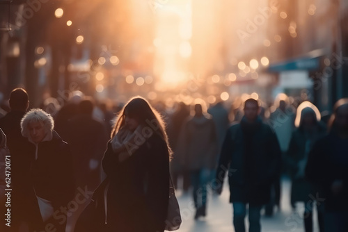 Crowd of people walking in the street with soft bokeh  fast moving in city  generative AI