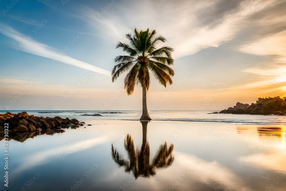 Palm tree in the middle of the water, Generative By Ai technology