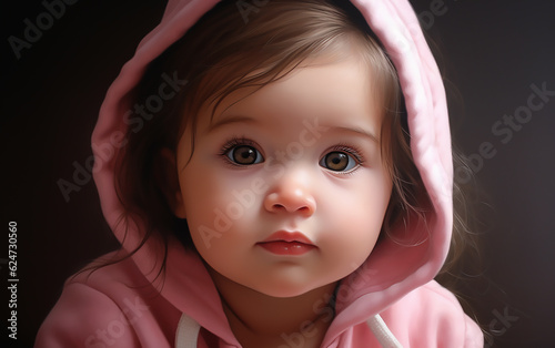 Portrait of a cute little girl in pink hoodie. Generative AI technology.
