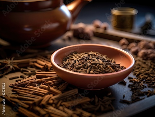 Japanese organic traditional Hojicha tea upclose photo with teaware in the background. Generative AI