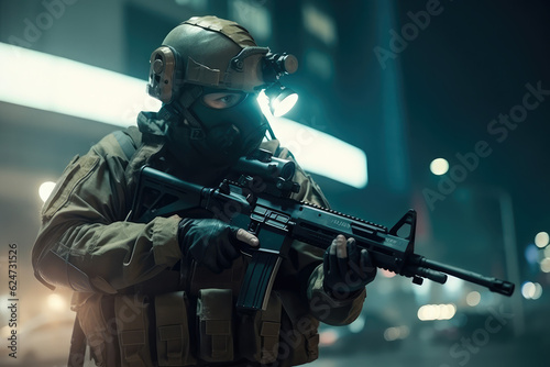 special forces soldier polices a with high technology gun and weapon working in night city, generative AI © Kien