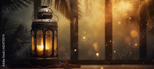 A Ramadan background of a Ramadan lantern with palm fronds in a room made