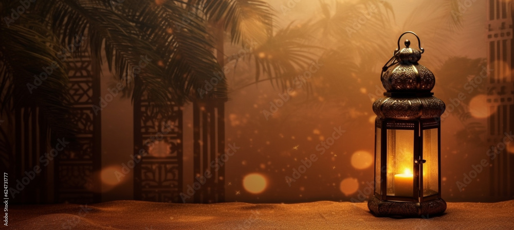 A Ramadan background of a Ramadan lantern with palm fronds in a room made A Ramadan background of a Ramadan lantern with palm fronds in a room made