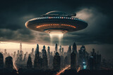 UFO flying over city. Unidentified flying object, generative AI