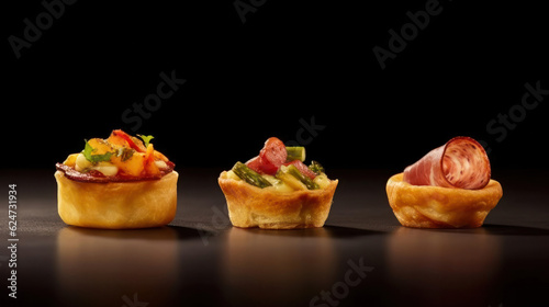 puff pastry baskets stuffed with tomato  cheese  spinach and ham close-up. Generative AI