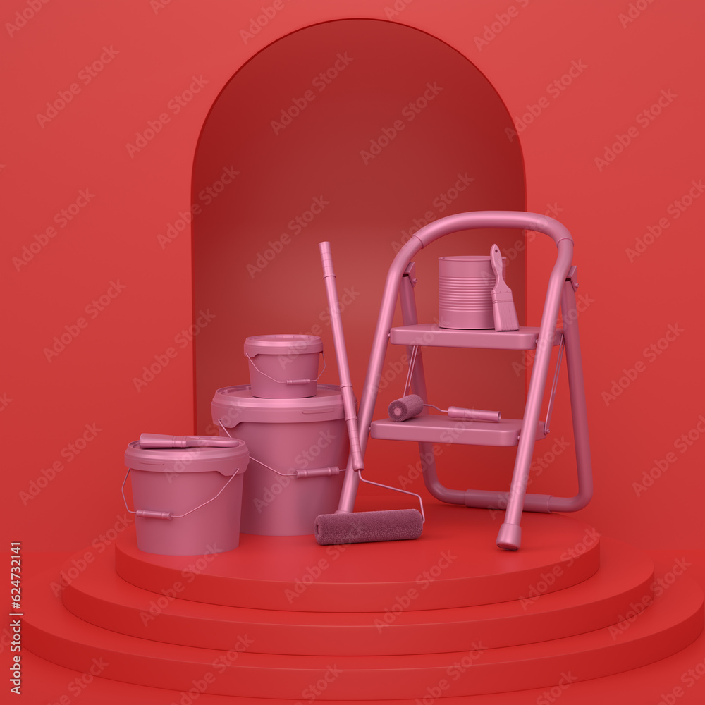 Abstract scene with folding ladder, bucket and paint roller on monochrome Abstract scene with folding ladder, bucket and paint roller on monochrome