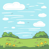 Vector illustration, landscape, green field with yellow flowers, trees on the horizon, blue sky with white clouds