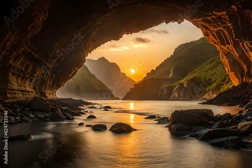 sunset view from the inside of a cave, by Generative Ai technology