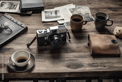 On a white table, a photographer has a camera, a film roll, a picture frame, and coffee. Generative AI