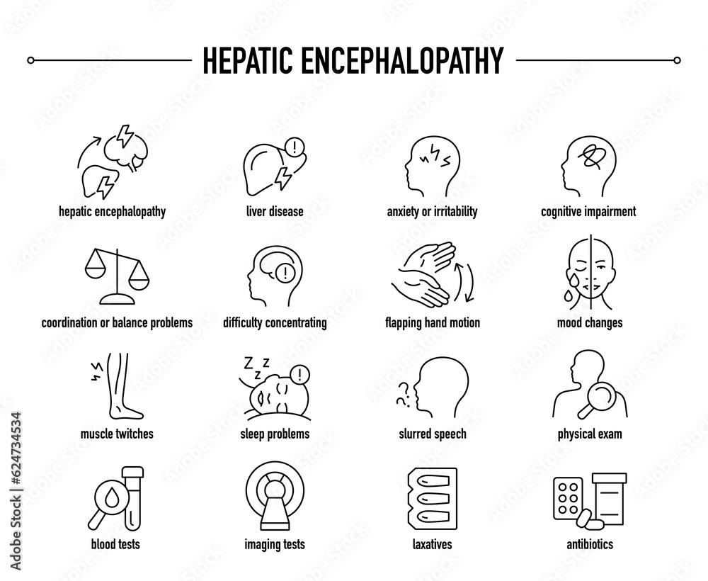 Hepatic Encephalopathy symptoms, diagnostic and treatment vector icon set. Line editable medical icons.