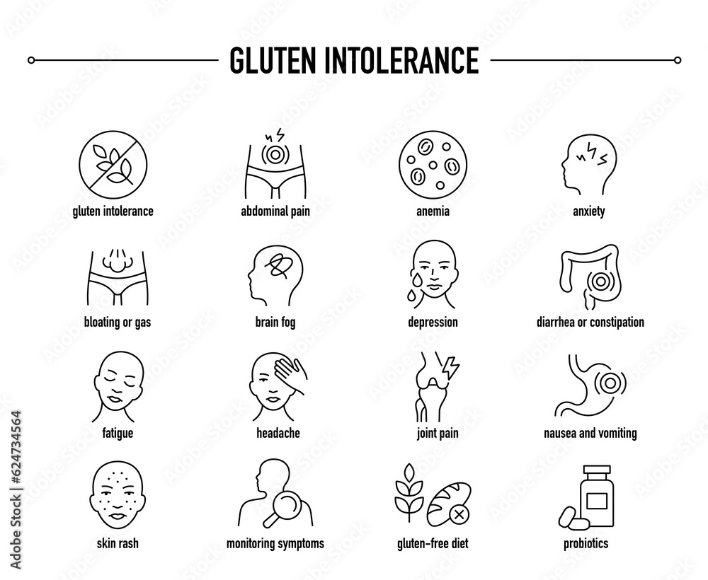 Gluten Intolerance symptoms, diagnostic and treatment vector icon set