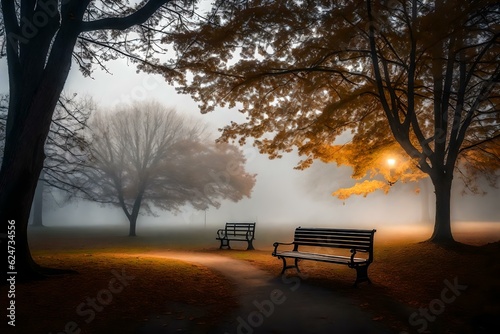 A lonely park bench sits gracefully amidst a blanket of thick fog, giving the scene an enchanting and magical quality.Ai generated