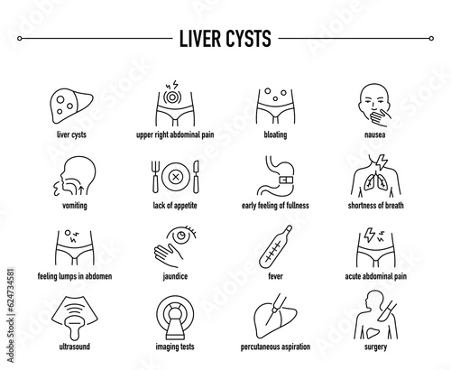 Liver Cysts symptoms  diagnostic and treatment vector icon set. Line editable medical icons.