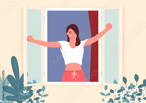 Beautiful young woman doing morning stretch at the window, daily routine, breathe fresh air, vector illustration