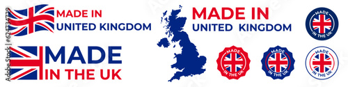 Made in United Kingdom. Made in UK icon set. UK flag. Vector illustration.